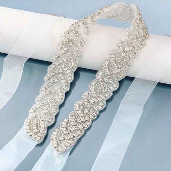 Rhinestone Beaded Bridal Belt Bride Wedding Gown Dress Sash White Long Plus NWT - Picture 7 of 11